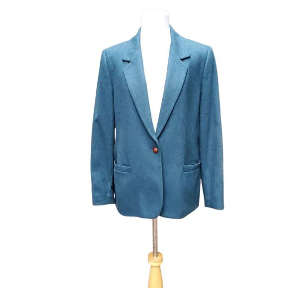 Vintage John Meyer Wool Poly Career Blazer Jacket Blue Teal Sz 14 - Picture 1 of 16